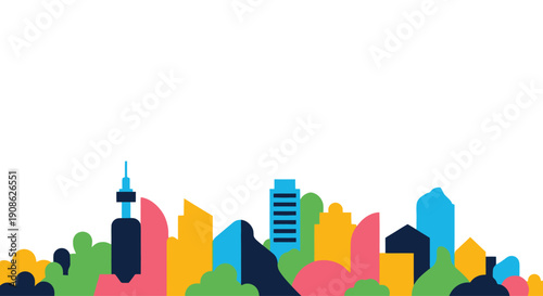 Colorful Abstract Cityscape with Buildings and Greenery Flat Illustration