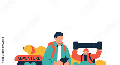 Adventure and travel concept with people, dog, and gear, flat illustration