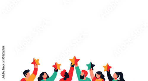 Diverse group of people holding stars, celebrating success, conceptual illustration