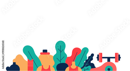 Healthy Lifestyle Flat Illustration with People, Plants, and Dumbbell