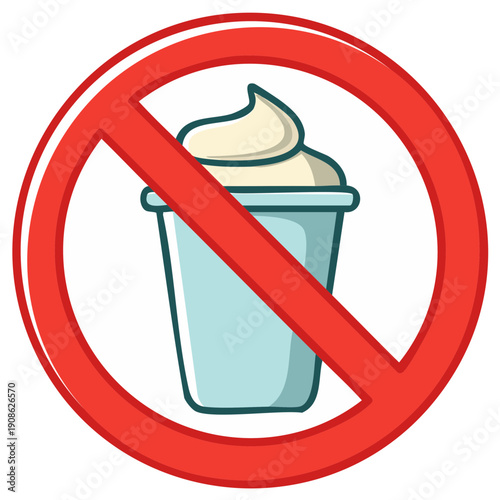 Prohibition sign against creamy desserts or sugary treats. Warning icon for no ice cream or whipped cream in a cup.
