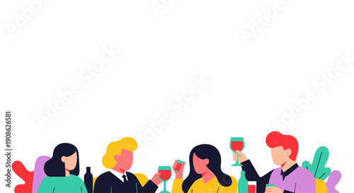 Friends toasting with wine at a party, flat illustration vector with copy space