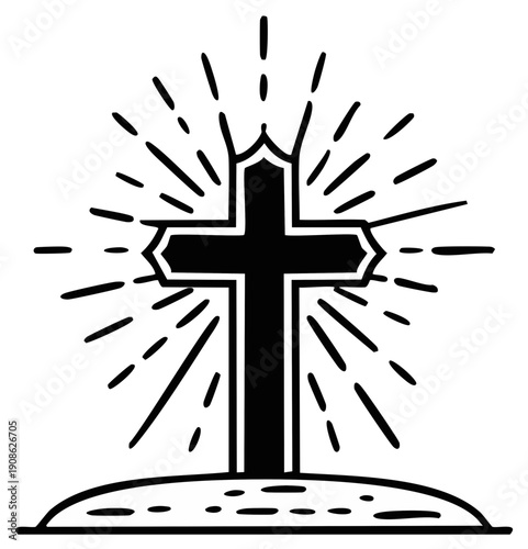 Hand Drawn Christian Cross Icon with Rays of Light on a Hilltop Illustration