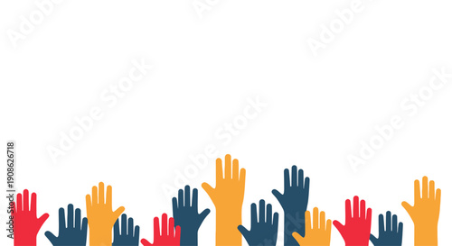 Diverse Hands Raised Upward, Voting, Volunteering, Teamwork Concept, Copy Space