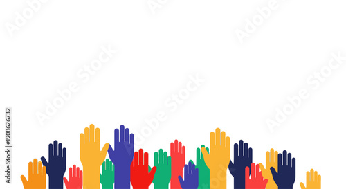 Diverse Hands Raised Up - Voting, Volunteering, Teamwork, Diversity, Community, Election