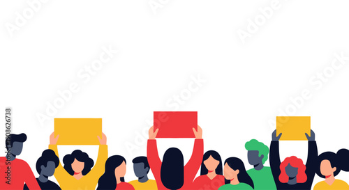 Diverse Crowd Protesting with Signs, Flat Illustration, Copy Space