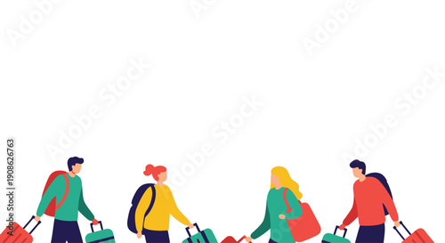 Diverse group of people with luggage, traveling, vacation, flat illustration vector with copy space