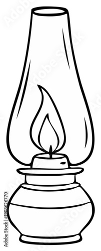 Illustration of a kerosene lamp with a lit flame and glass chimney