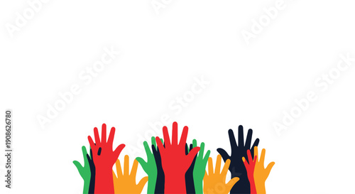 Diverse Hands Raised Up in Unity, Voting, Community, Teamwork Concept, Flat Illustration