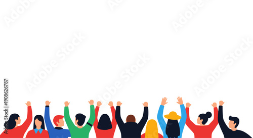 Diverse Crowd Celebrating with Raised Arms - Flat Illustration with Copy Space