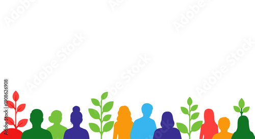 Diverse People and Growing Plants Silhouette - Teamwork and Growth Concept