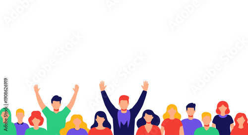 Diverse Group of People Celebrating with Raised Arms - Flat Illustration