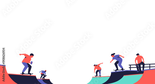 Diverse Skaters Performing Tricks on Ramps in Skatepark, Flat Illustration Style