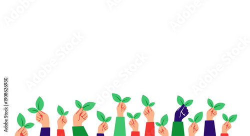 Diverse Hands Holding Green Leaves, Environmental Awareness Concept