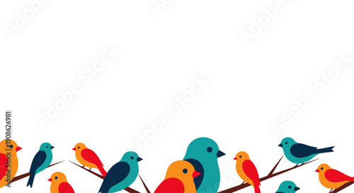 Colorful Birds Perched on Branches - Flat Illustration with Copy Space