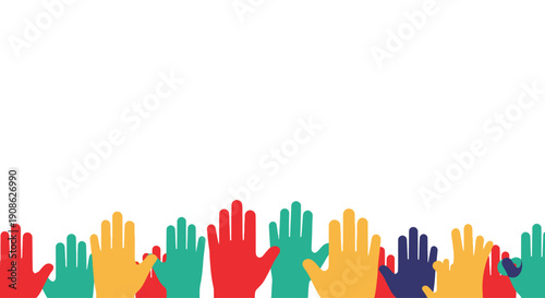 Diverse Hands Raised, Unity and Volunteering Concept, Flat Vector Illustration