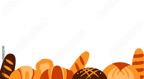 Assorted Baked Bread Collection, Flat Illustration with Copy Space
