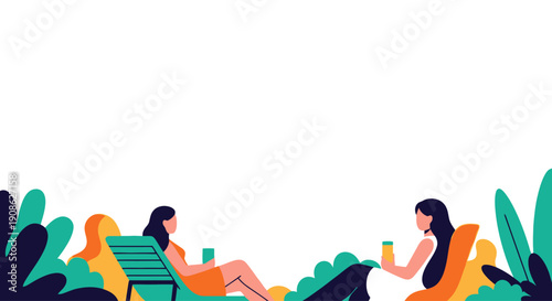 Two women relaxing in nature with drinks, copy space illustration