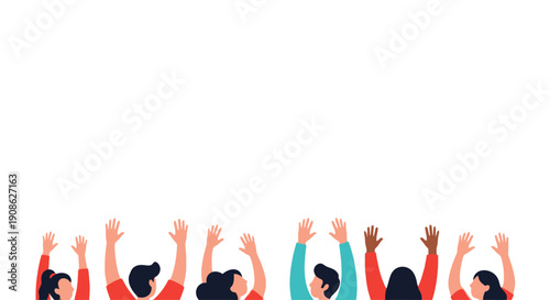 Diverse group of people raising hands up, community, support, celebration, flat illustration