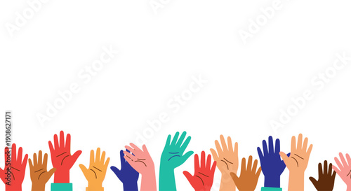 Diverse Hands Raised Up Waving, Community, Unity, Voting, Agreement, Celebration, Flat Illustration