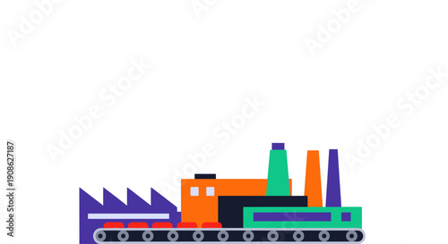 Modern Factory Building with Conveyor Belt - Flat Illustration with Copy Space