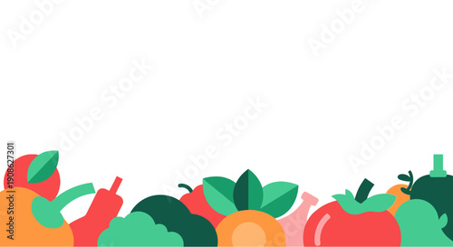 Colorful Fresh Fruits and Vegetables Border, Flat Illustration with Copy Space