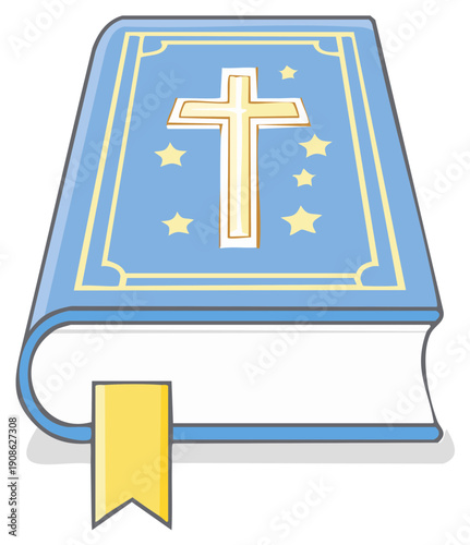 Illustrated Holy Book with Cross and Stars on the Cover and a Yellow Bookmark in the Pages