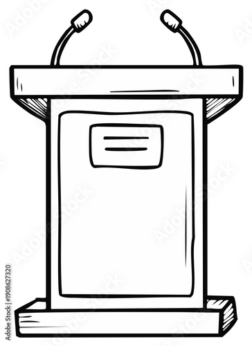 Hand drawn podium with two microphones, line art illustration for public speaking