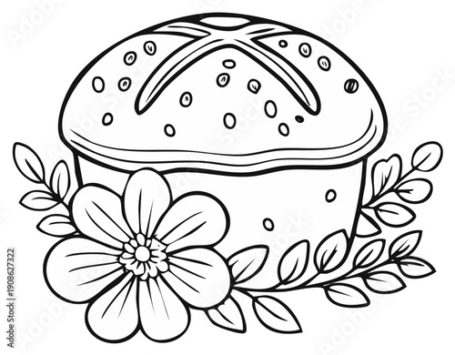 Traditional Easter cake with a cross and flower decoration line art for a coloring page
