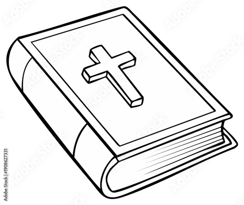 Cartoon Style Outline Drawing of Holy Bible with Christian Cross Symbol