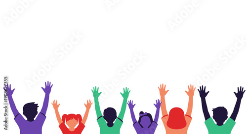Diverse group of people raising hands in celebration, flat illustration with copy space