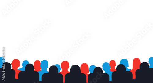 Crowd of people silhouettes, blue, red, black, white background, copy space