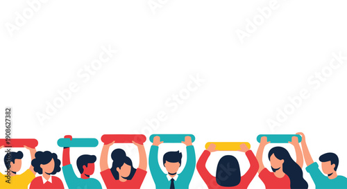 Diverse group of people holding colorful bars, teamwork, communication, unity