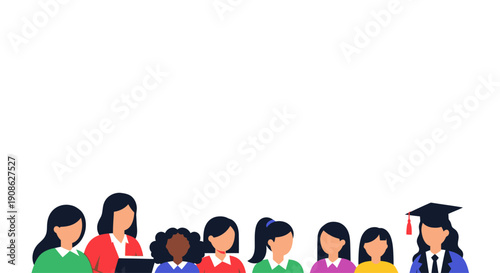 Diverse group of women celebrating graduation in a flat illustration style with copy space