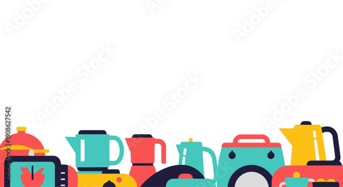 Colorful Kitchen Appliances and Cookware Border - Flat Illustration with Copy Space