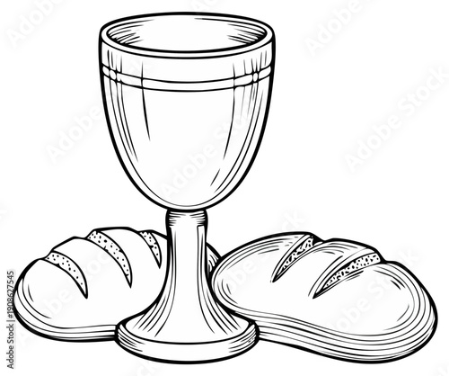 Chalice with wine and two loaves of bread, Christian religious symbol