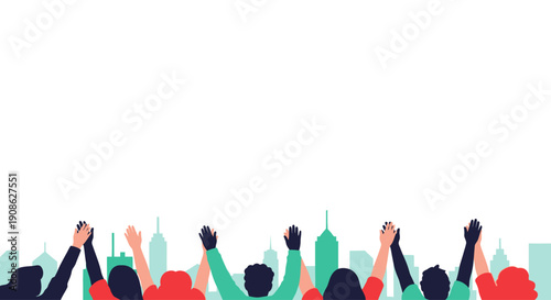 Diverse Crowd Raising Hands in Celebration Against City Skyline