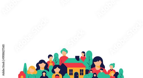 Diverse Community and Home Illustration with Copy Space