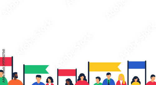 Diverse Crowd with Colorful Flags on White Background, Copy Space
