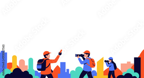 Photographers capture city skyline with colorful abstract shapes, copy space