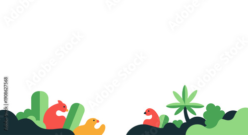 Abstract Flat Illustration of Jungle Animals and Tropical Plants with Copy Space