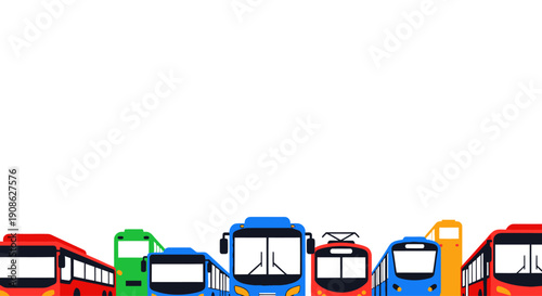 Colorful Public Transport Vehicles Lined Up - Buses and Trains with Copy Space