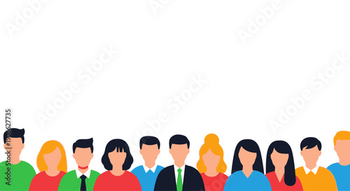 Diverse Group of People Standing Together, Flat Illustration, Copy Space
