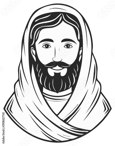 Religious figure with long beard, wearing a cloak, line art illustration