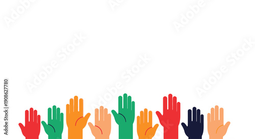 Colorful Hands Raised Up Against White Background, Voting, Volunteering, Teamwork Concept