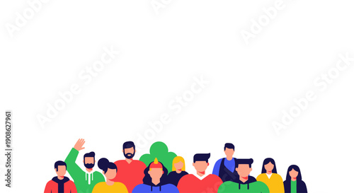 Diverse Crowd of People Waving and Smiling - Flat Illustration with Copy Space