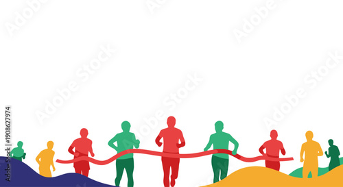 Diverse runners crossing finish line, vibrant colors, sport competition, healthy lifestyle