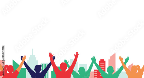 Diverse group of people celebrating with hands raised against city skyline background