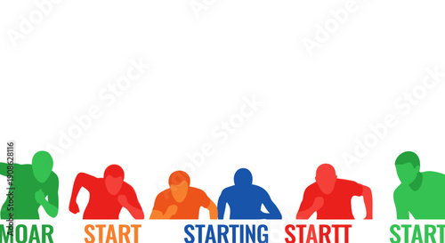 Diverse runners at starting line, colorful silhouettes, copy space, flat illustration