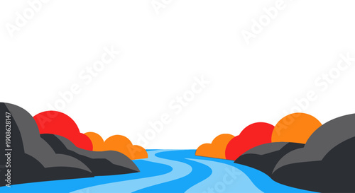 Stylized river flowing between rocky banks with colorful foliage, copy space